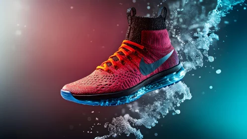 Vibrant red Nike running shoe in dynamic splash art style.