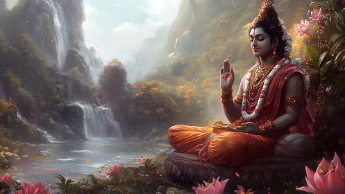 Serene deity meditates beside waterfalls in lush valley