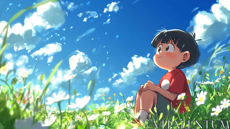 Daydreaming child in a sunny wildflower meadow under blue skies.
