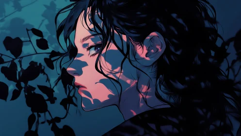 Side profile portrait in deep teal foliage shadows study.