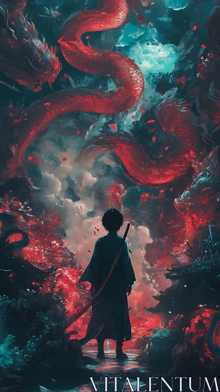 Sword-bearing wanderer confronts luminous celestial dragon