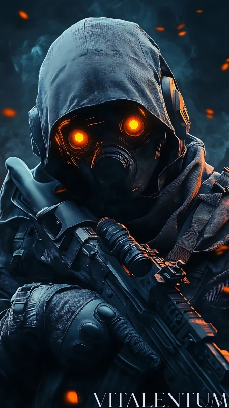 Cyberpunk marksman portrait with glowing optic mask and rifle.