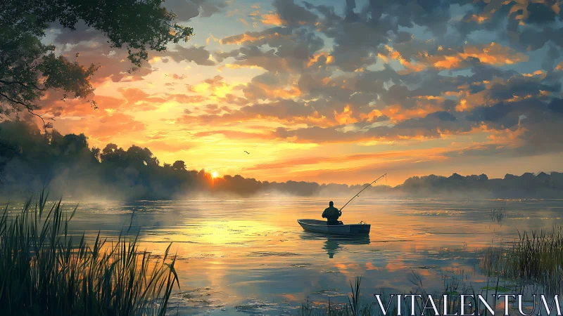 Digital painting of tranquil lakeside fisherman at sunrise.