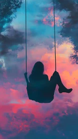 Silhouette girl drifting on a swing through neon cotton skies.