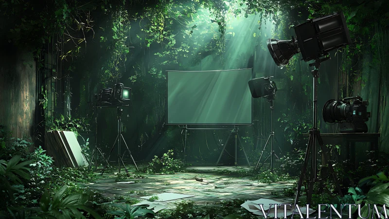 Film equipment stands in overgrown jungle studio set