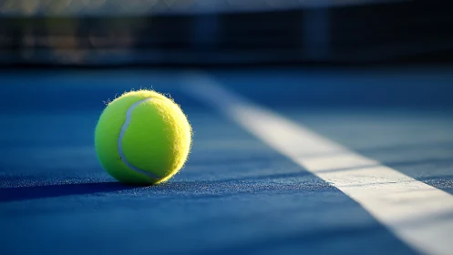 Neon tennis ball waits on a blue court at golden sundown.