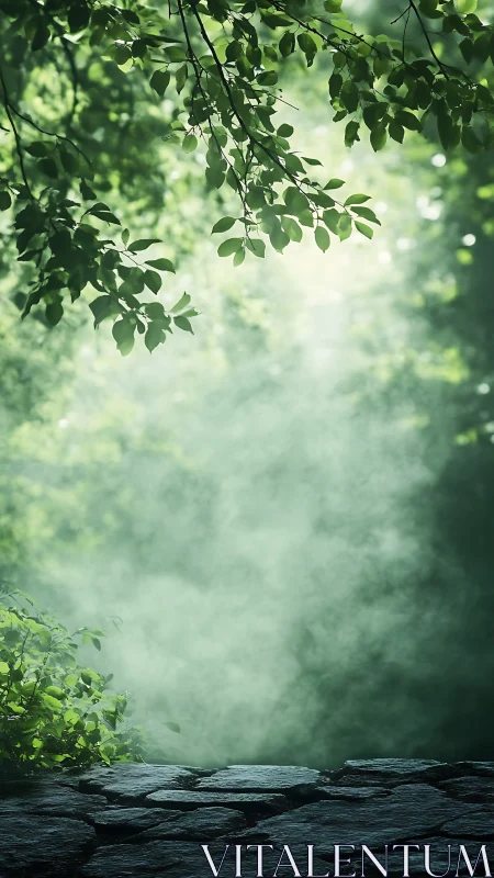 Misty Forest Canopy with Stone Base Below