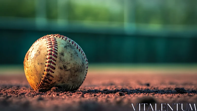 Sunset grit clings to a battle-scarred baseball on infield dirt.