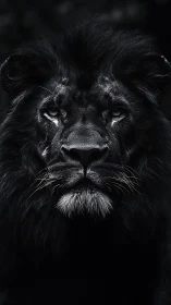 Midnight black lion portrait with dramatic chiaroscuro lighting.