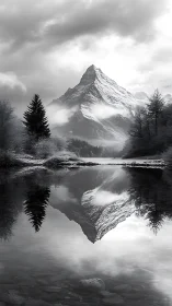 Snow peak mirrored in still alpine lake at dawn.