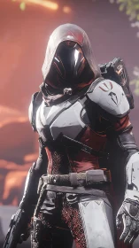 Hooded sci fi guardian in reflective armor, sunset glow.