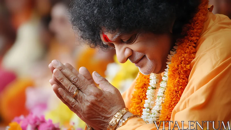 Elderly spiritual devotee bows in prayer with marigold garlands