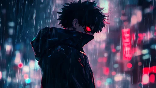 Brooding neon wanderer with glowing eyes in the rain.