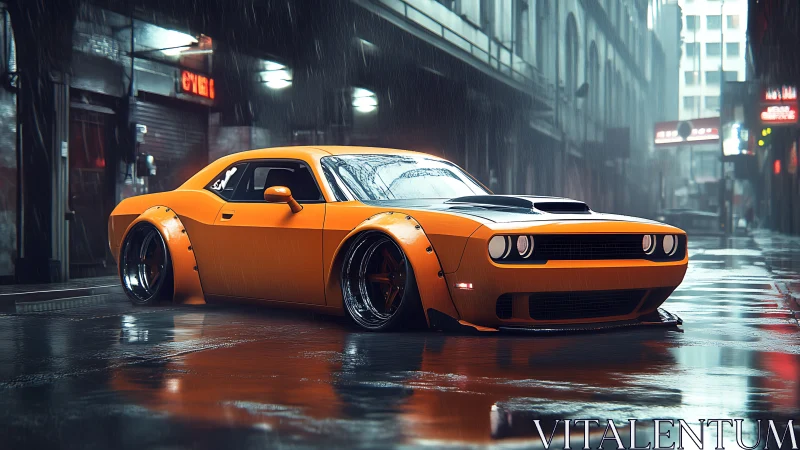 Midnight rain crowns the slammed orange muscle car king