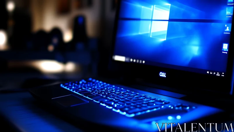 Backlit gaming laptop glows with electric blue keys.