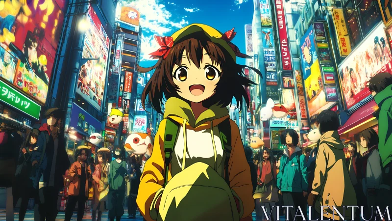 Joyful girl wandering vibrant neon anime city street.