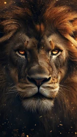 Majestic lion gazes forward with calm, fiery golden eyes