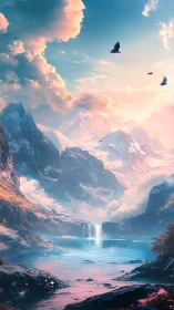 Dreamy mountain lake glows beneath soaring birds and clouds