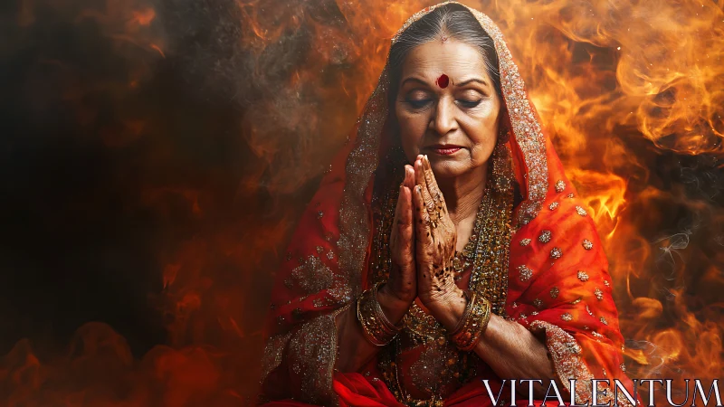 Elderly Indian Woman in Traditional Attire Praying Amidst Fiery Background.