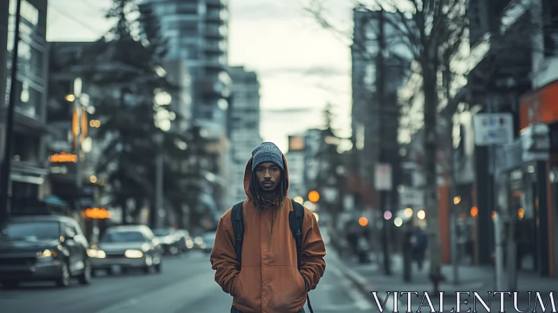 Urban portrait in shallow depth with cinematic winter light.