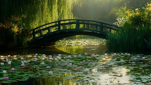 Arched garden bridge spans serene lily pond at sunrise