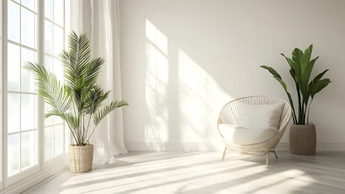 Sunlit reading corner welcomes calm with plants and softness