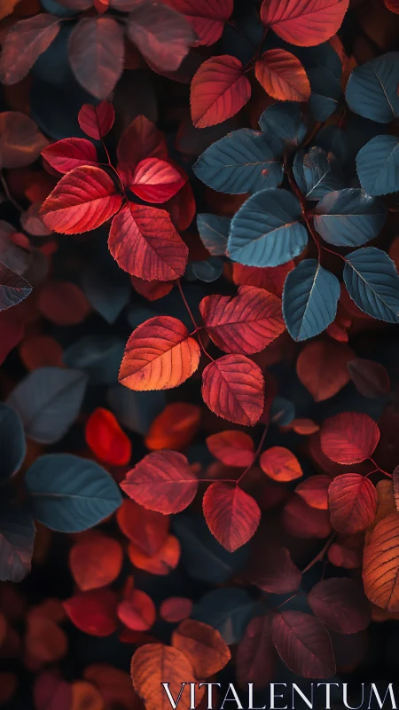 Crimson and teal foliage study with cinematic depth of field.