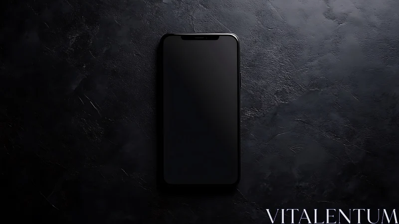 Black Smartphone with Notch Display on Dark Textured Surface