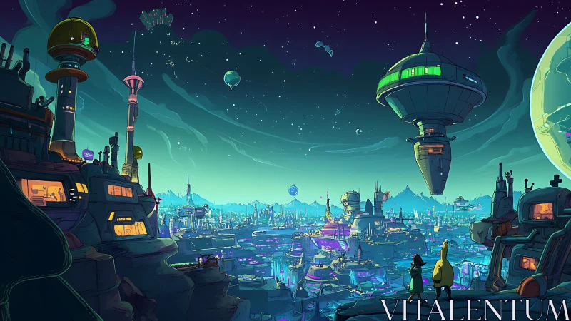 Vibrant alien metropolis glows under a swirling neon sky.