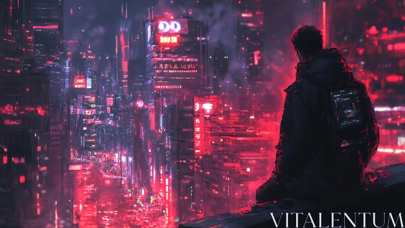 Lone hacker overlooks neon cyberpunk city in electric haze