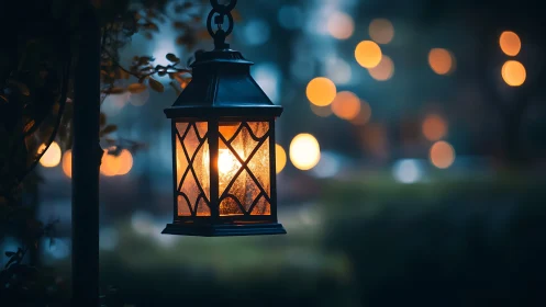 Lantern hums softly while twilight blurs into glowing circles