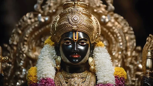 Ornate Hindu deity statue with gold crown and garlands.