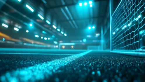 Indoor football goal and wet turf under bright blue lighting