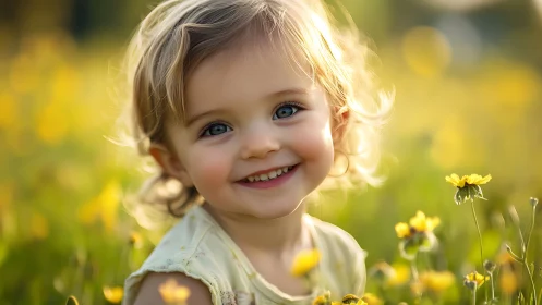 Joyful Toddler in Meadow. Golden Hour Portrait with Yellow Wildflowers.