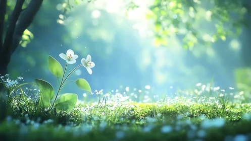 White wildflowers in soft forest light on mossy ground.
