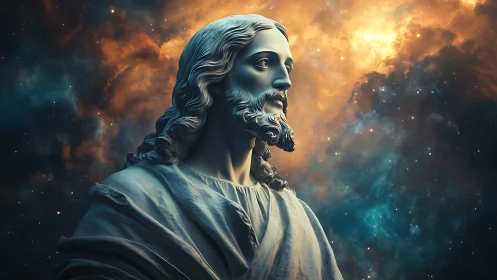 Rendered stone bust of robed figure set before nebula field