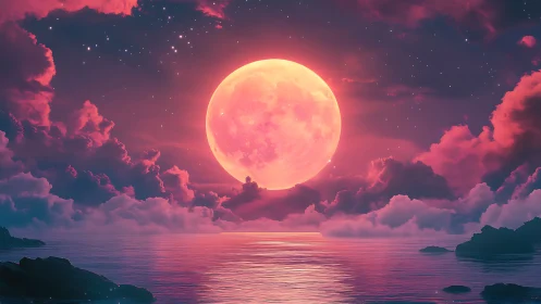 Celestial pink moonrise above reflective neon seascape.