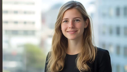 Young professional woman in business attire, natural light portrait.