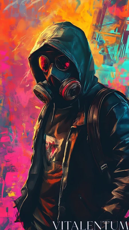 Hooded gas mask wanderer stands in neon urban inferno