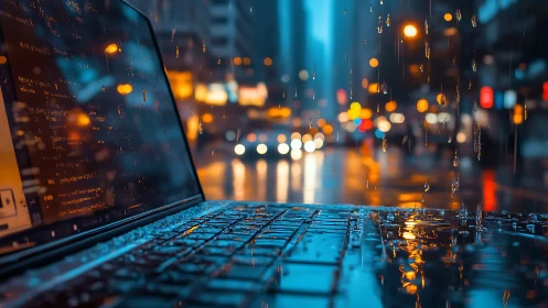 Wet laptop on city street in night rain with bokeh lights.