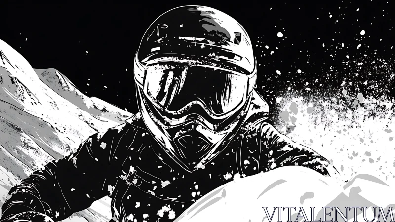 Helmeted snow rider slices through monochrome mountain chaos