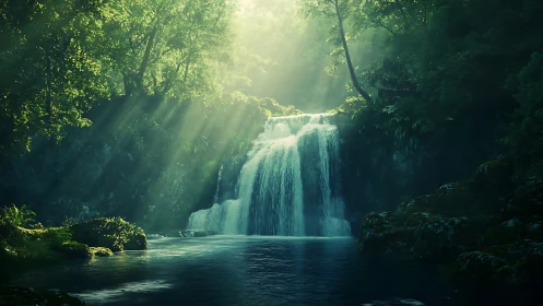 Verdant Waterfall. Ethereal cascades through sunlit forest canopy.