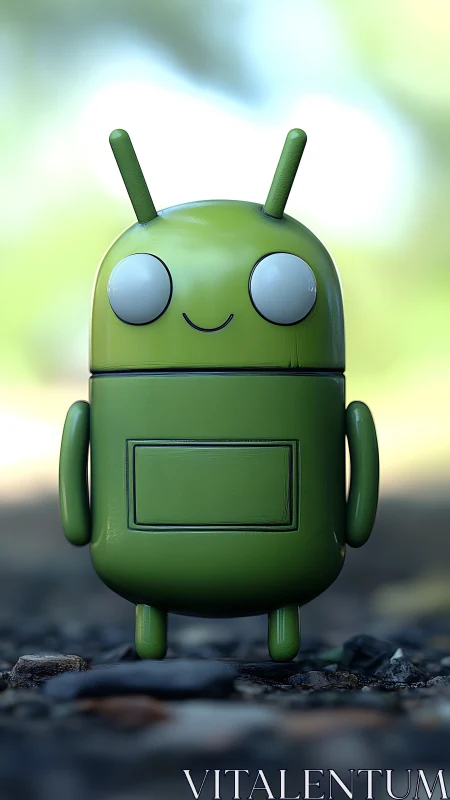 Green toy robot mascot rendered with shallow focus bokeh.