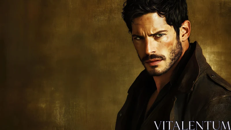 Moody male portrait with cinematic golden chiaroscuro lighting.