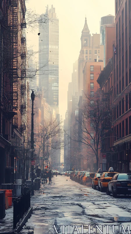 Winter urban canyon with misty taxis and glass high-rises.