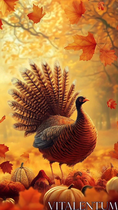 Plumed autumn turkey parades through glowing pumpkin hush.