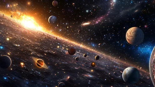 Expansive digital cosmos with planets and glowing starfield.