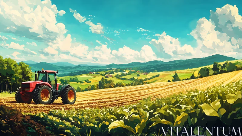 Red tractor cultivates rolling farmland under high cumulus clouds