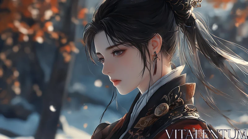 Side profile of woman in ornate attire outdoors in autumn.