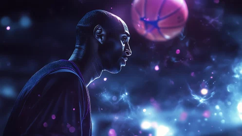 Basketball player profile in luminous abstract arena space.